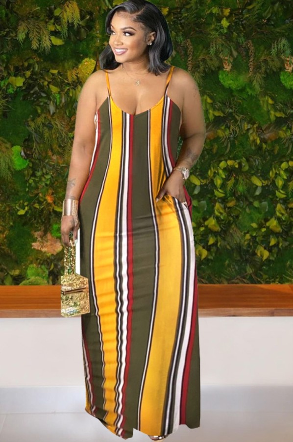 Summer Plus Size Stripes Strap Long Maxi Dress
