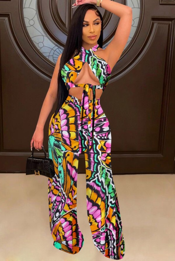 Summer Sexy Colorful Wrap Halter Crop Top and High Waist Pants Set
