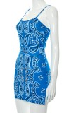 Summer Retro Print Blue Strap Mini Club Dress