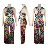 Summer Sexy Colorful Wrap Halter Crop Top and High Waist Pants Set