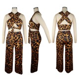 Summer Sexy Leopard Wrap Halter Crop Top and High Waist Pants Set