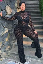 Summer Print Black Sexy Transparent Long Sleeve Formal Jumpsuit