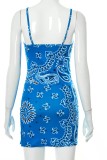 Summer Retro Print Blue Strap Mini Club Dress