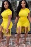 Summer Yellow Sexy Crop Top and Fringe Shorts 2pc Matching Set