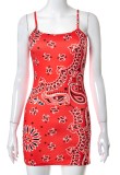 Summer Retro Print Red Strap Mini Club Dress