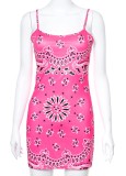 Summer Retro Print Pink Strap Mini Club Dress