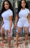Summer White Sexy Crop Top and Fringe Shorts 2pc Matching Set