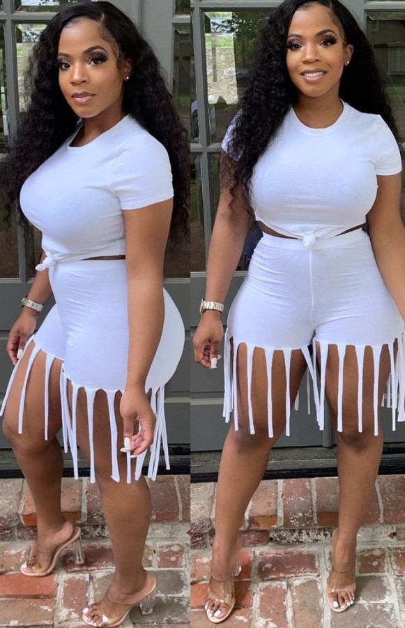 Summer White Sexy Crop Top and Fringe Shorts 2pc Matching Set