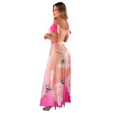 Summer Elegant Floral Pink Crop Top and Long Skirt Set