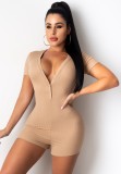 Summer Casual Khaki V-Neck Ribbed Bodycon Rompers