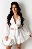 Summer White Long Sleeve Crop Top and High Waist Skirt Set