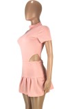 Summer Solid Plain High Cut Bodysuit and Matching Pleated Skirt 2PC Set
