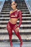 Summer Red Lace Sexy One Shoulder Crop Top and Pants 2PC Set
