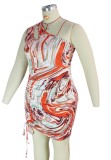 Summer Plus Size Print One Shoulder Ruched Strings Bodycon Dress
