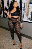 Summer Black Lace Sexy One Shoulder Crop Top and Pants 2PC Set