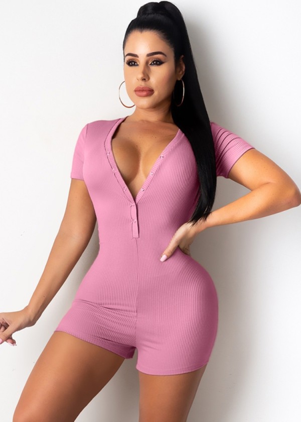 Summer Casual Pink V-Neck Ribbed Bodycon Rompers