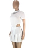 Summer Solid Plain High Cut Bodysuit and Matching Pleated Skirt 2PC Set