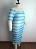 Summer Plus Size Off Shoulder Stripes Midi Dress