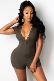 Summer Casual Army Green V-Neck Ribbed Bodycon Rompers
