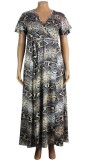 Summer Plus Size Snake Skin Wrap Long Maxi Dress with Short Sleeves