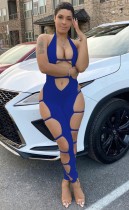 Summer Blue Hollow Out Sexy Halter Bodycon Jumpsuit