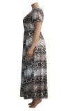 Summer Plus Size Snake Skin Wrap Long Maxi Dress with Short Sleeves