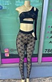 Summer Black Lace Sexy One Shoulder Crop Top and Pants 2PC Set