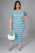 Summer Plus Size Off Shoulder Stripes Midi Dress