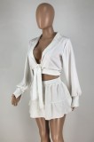 Summer White Long Sleeve Crop Top and High Waist Skirt Set