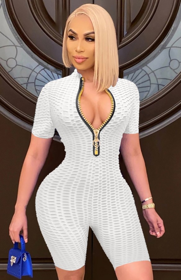 Summer White Waffle Zipper Sexy Bodycon Rompers