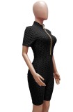 Summer Black Waffle Zipper Sexy Bodycon Rompers