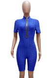 Summer Blue Waffle Zipper Sexy Bodycon Rompers