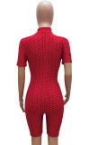Summer Red Waffle Zipper Sexy Bodycon Rompers