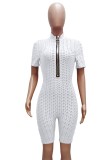 Summer White Waffle Zipper Sexy Bodycon Rompers