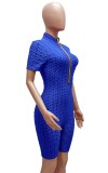 Summer Blue Waffle Zipper Sexy Bodycon Rompers