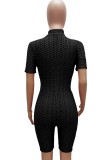 Summer Black Waffle Zipper Sexy Bodycon Rompers