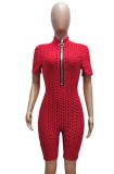 Summer Red Waffle Zipper Sexy Bodycon Rompers