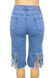 Summer Blue Knee-Length High Waist Ripped Fringe Denim Shorts