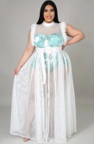 Summer Plus Size White Mesh Patch Sleeveless Long Evening Dress