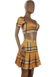 Summer Casual Yellow Plaid Off Shoulder Crop Top and High Waist Pleated Skirt Set