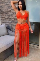 Summer Orange Crochet Halter Crop Top and Fringe Skirt 2pc Cover-Up