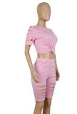 Summer Pink Sexy Ripped Bodycon Shirt and Shorts 2pc Set