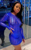 Summer Blue Hollow Out Sexy Metallic Mini Club Dress with Full Sleeves