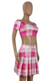 Summer Casual Pink Plaid Off Shoulder Crop Top and High Waist Pleated Skirt Set