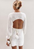 Summer White Hollow Out O-Ring Crochet Deep-V Mini Sundress with Full Sleeves