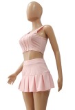 Summer Casual Pink Short Vest and High Waist Pleated Skirt 2pc Set