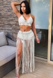 Summer White Crochet Halter Crop Top and Fringe Skirt 2pc Cover-Up