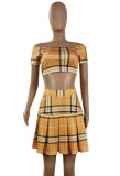 Summer Casual Yellow Plaid Off Shoulder Crop Top and High Waist Pleated Skirt Set