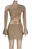 Summer Khaki Hollow Out Sexy One Shoulder Crop Top and Mini Skirt Set