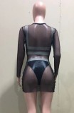 Summer Sexy Black Leather and Mesh 3pc Bikini Set